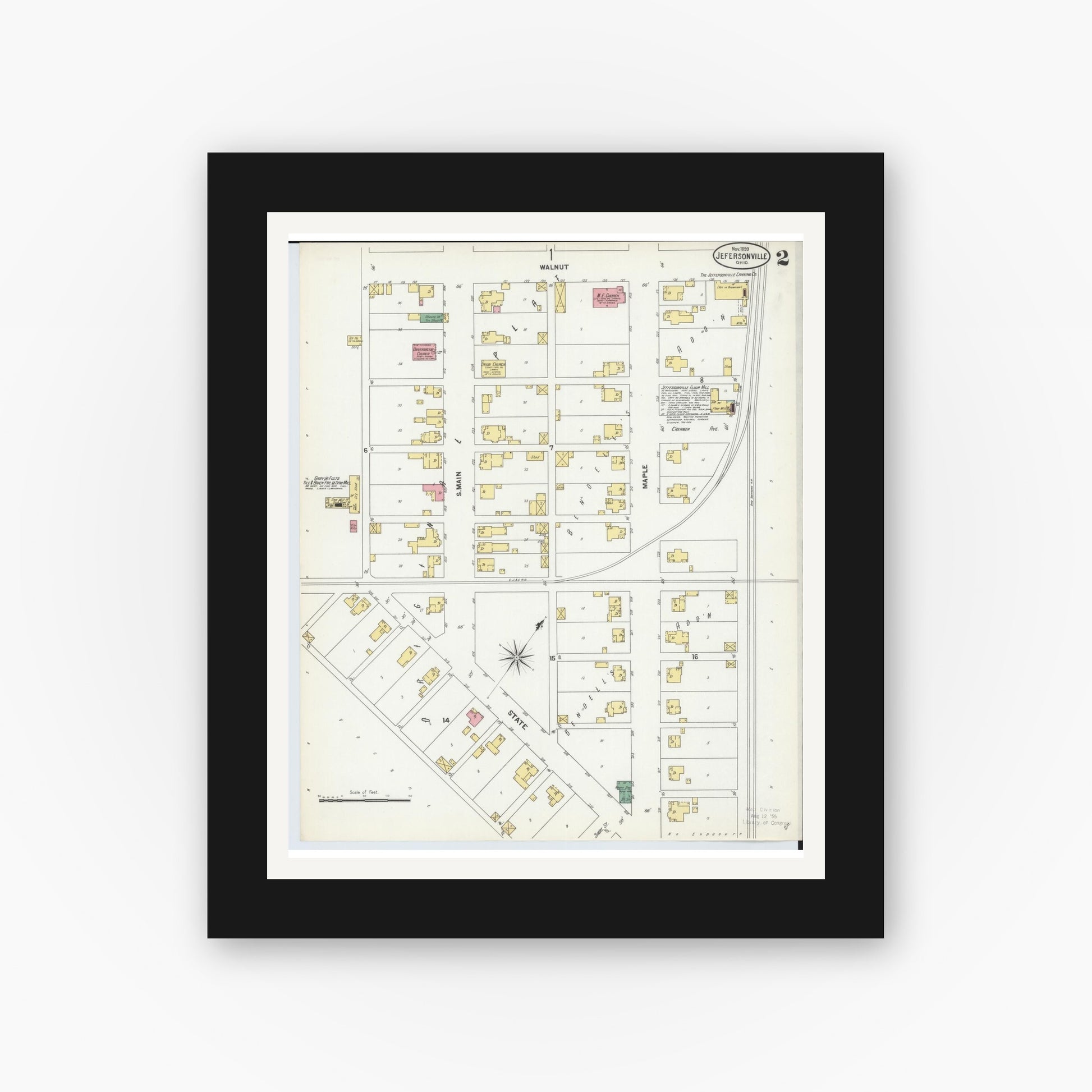Old map wall art mockup — black gallery frame with white mat — Sanborn Fire Insurance Map from Jeffersonville, Fayette County, Ohio (1899), Sheet #0002