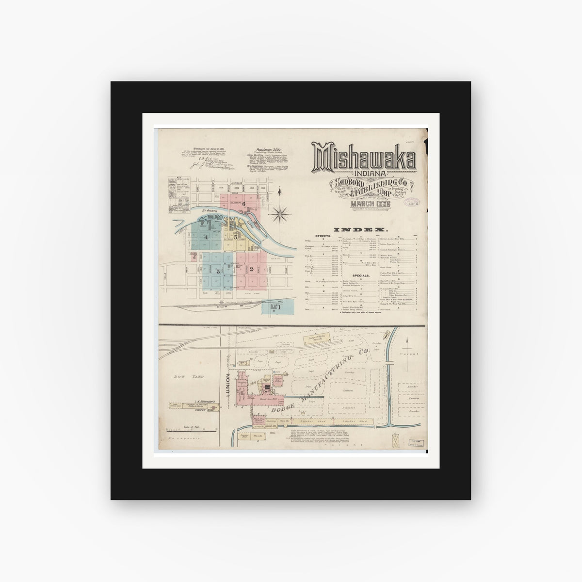 Old map wall art mockup — black gallery frame with white mat — Sanborn Fire Insurance Map from Mishawaka, Saint Joseph County, Indiana (1886), Sheet #0001