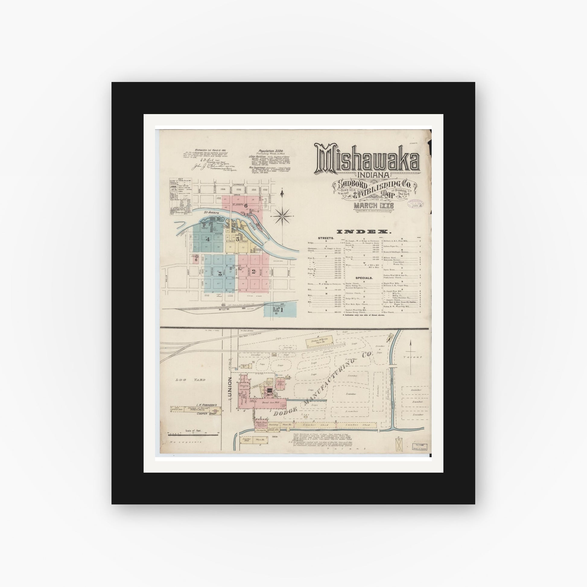 Old map wall art mockup — black gallery frame with white mat — Sanborn Fire Insurance Map from Mishawaka, Saint Joseph County, Indiana (1886), Sheet #0001
