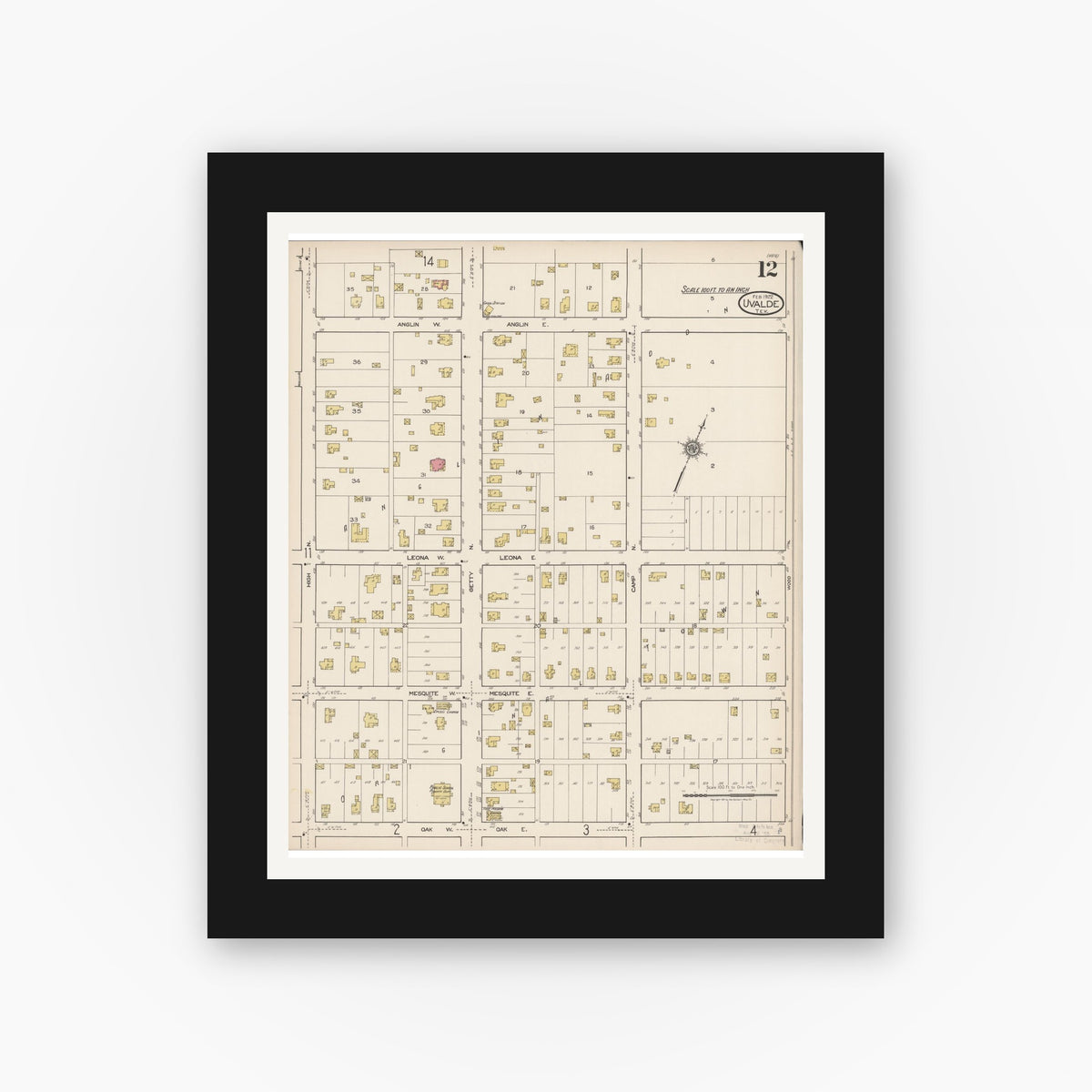 Old map wall art mockup — black gallery frame with white mat — Sanborn Fire Insurance Map from Uvalde, Uvalde County, Texas (1922), Sheet #0012