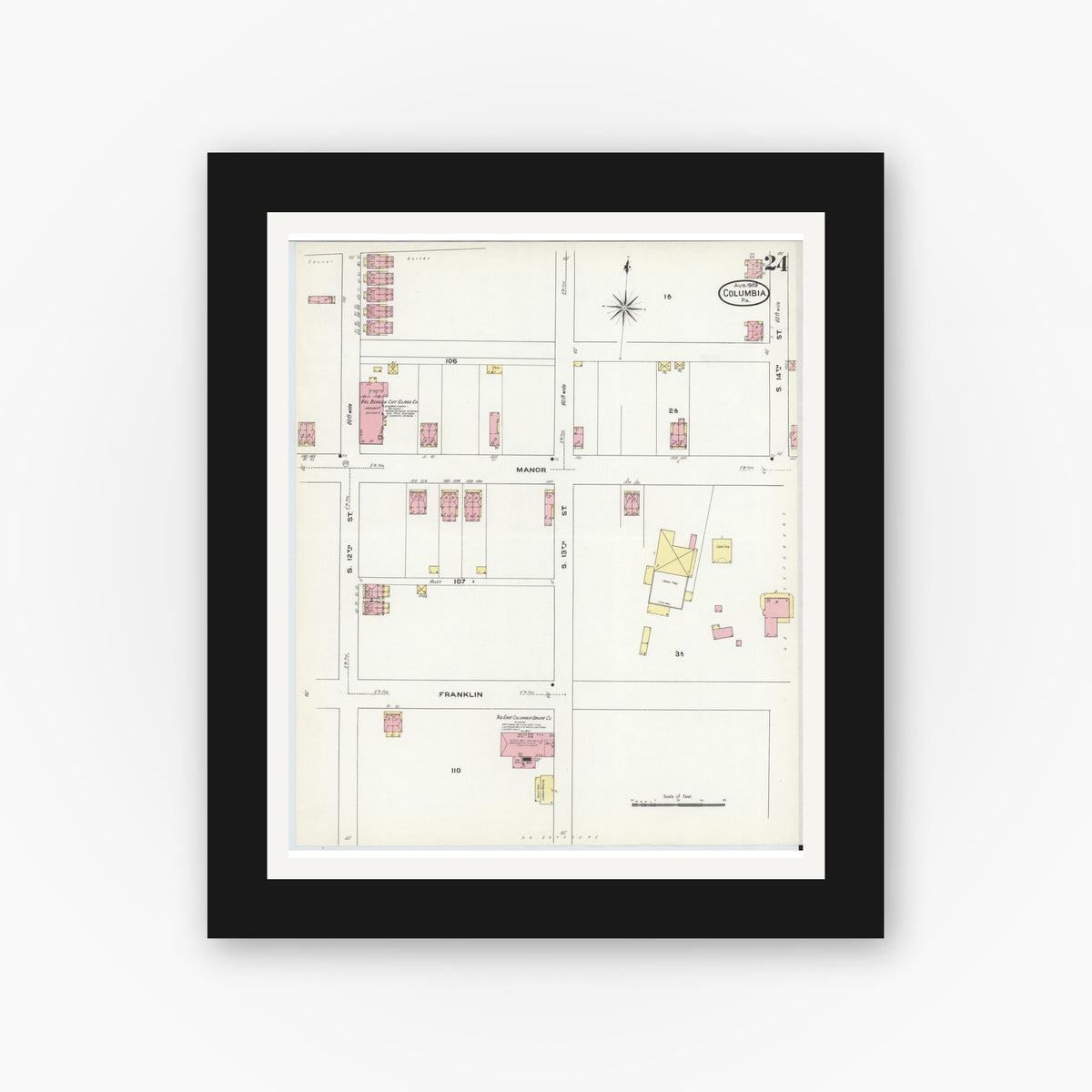 Old map wall art mockup — black gallery frame with white mat — Sanborn Fire Insurance Map from Columbia, Lancaster County, Pennsylvania (1909), Sheet #0024