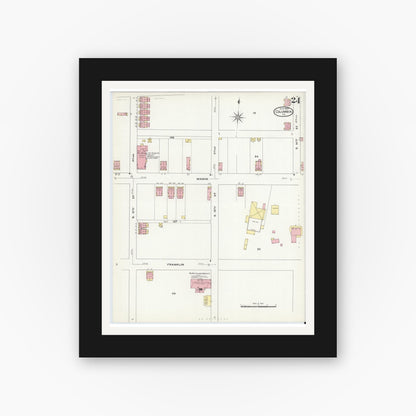 Old map wall art mockup — black gallery frame with white mat — Sanborn Fire Insurance Map from Columbia, Lancaster County, Pennsylvania (1909), Sheet #0024