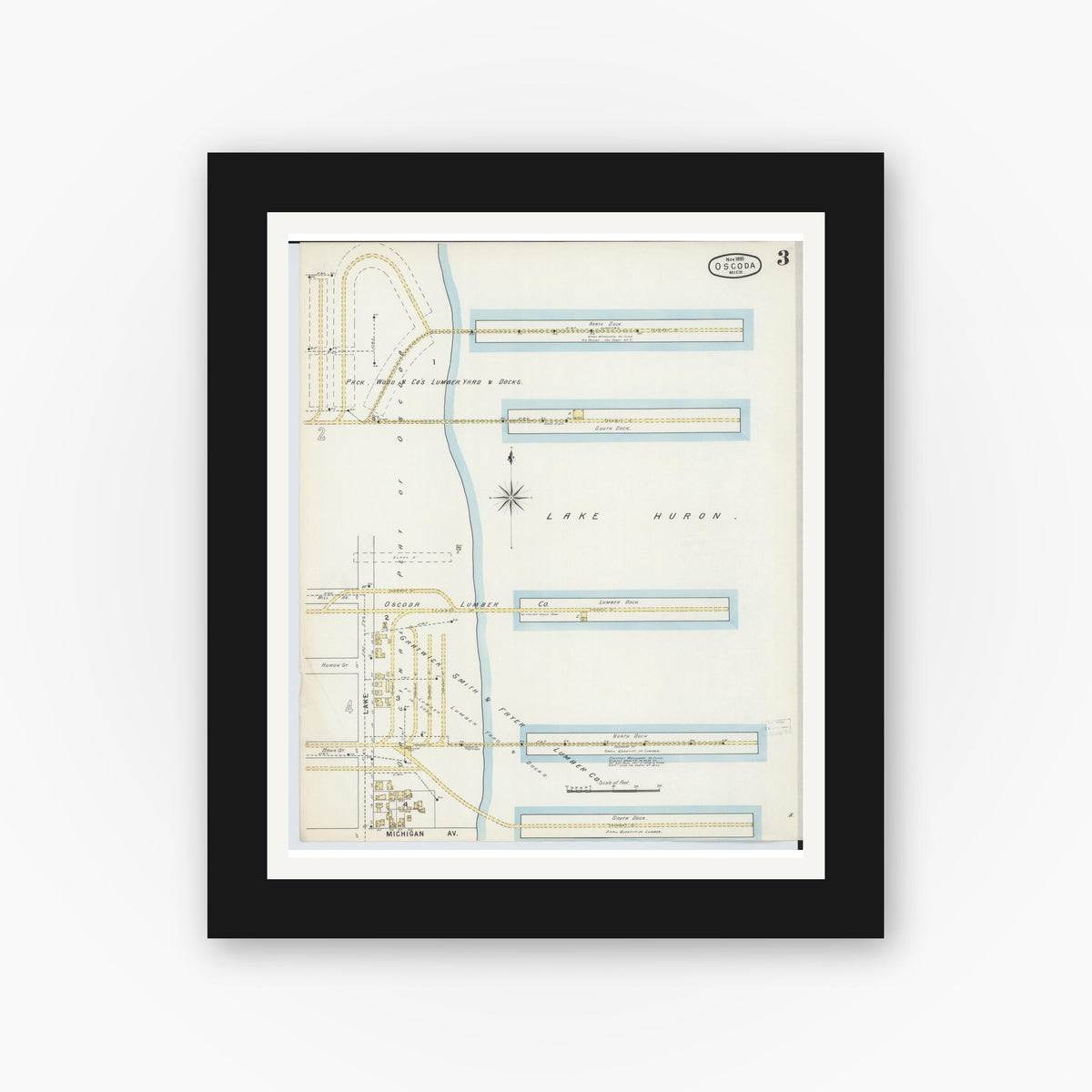 Old map wall art mockup — black gallery frame with white mat — Sanborn Fire Insurance Map from Oscoda, Iosco County, Michigan (1895), Sheet #0003