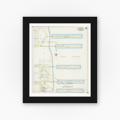 Old map wall art mockup — black gallery frame with white mat — Sanborn Fire Insurance Map from Oscoda, Iosco County, Michigan (1895), Sheet #0003