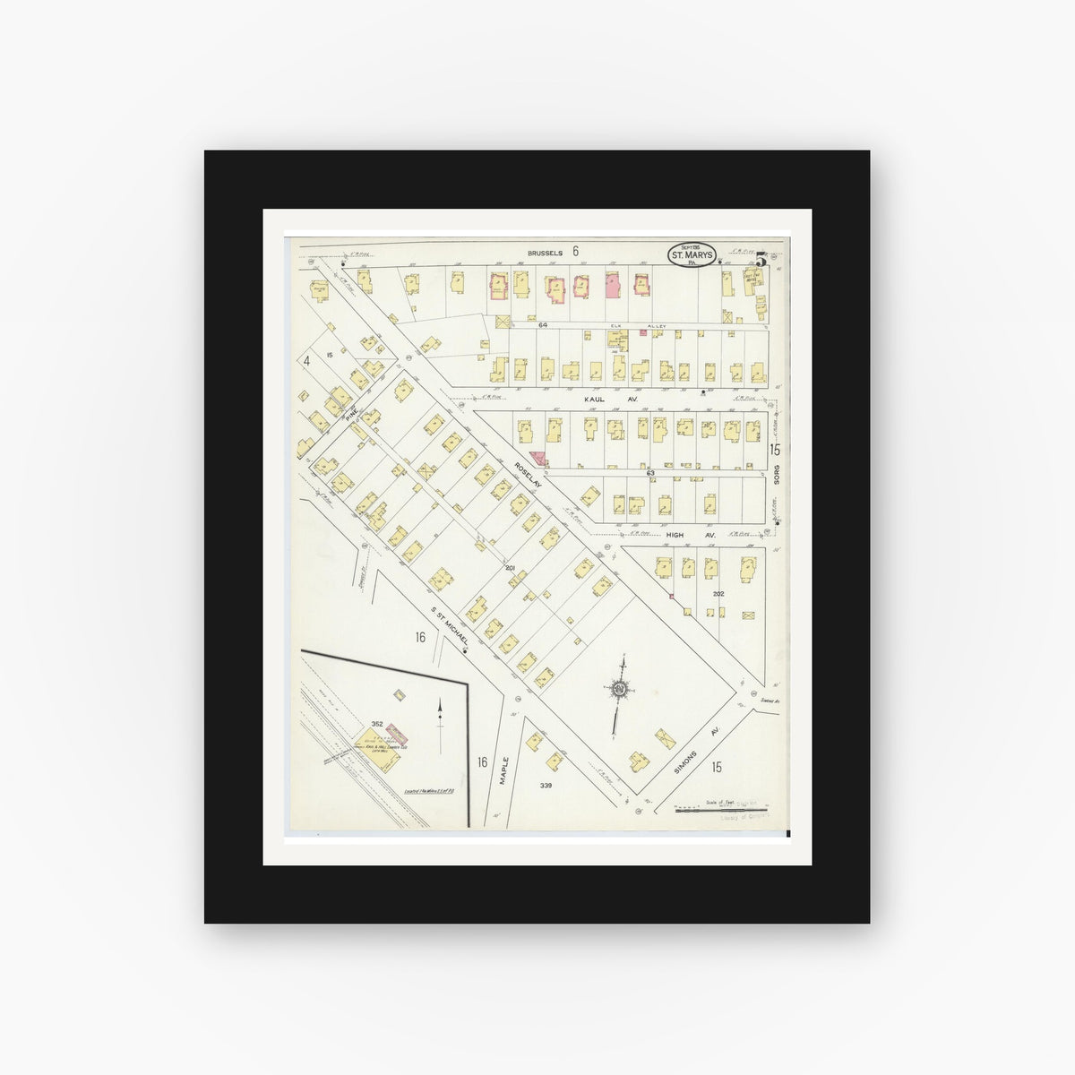 Old map wall art mockup — black gallery frame with white mat — Sanborn Fire Insurance Map from Saint Marys, Elk County, Pennsylvania (1915), Sheet #0005