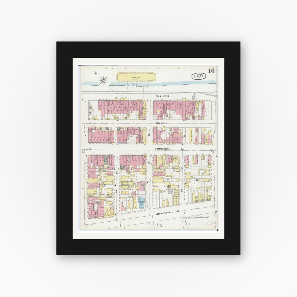 Old map wall art mockup — black gallery frame with white mat — Sanborn Fire Insurance Map from Cairo, Alexander County, Illinois (1896), Sheet #0014