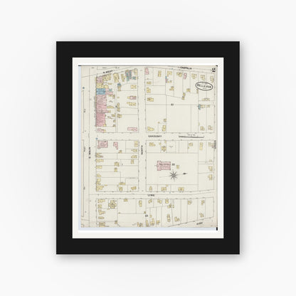 Old map wall art mockup — black gallery frame with white mat — Sanborn Fire Insurance Map from Bellevue, Huron And Sandusky County, Ohio (1887), Sheet #0002
