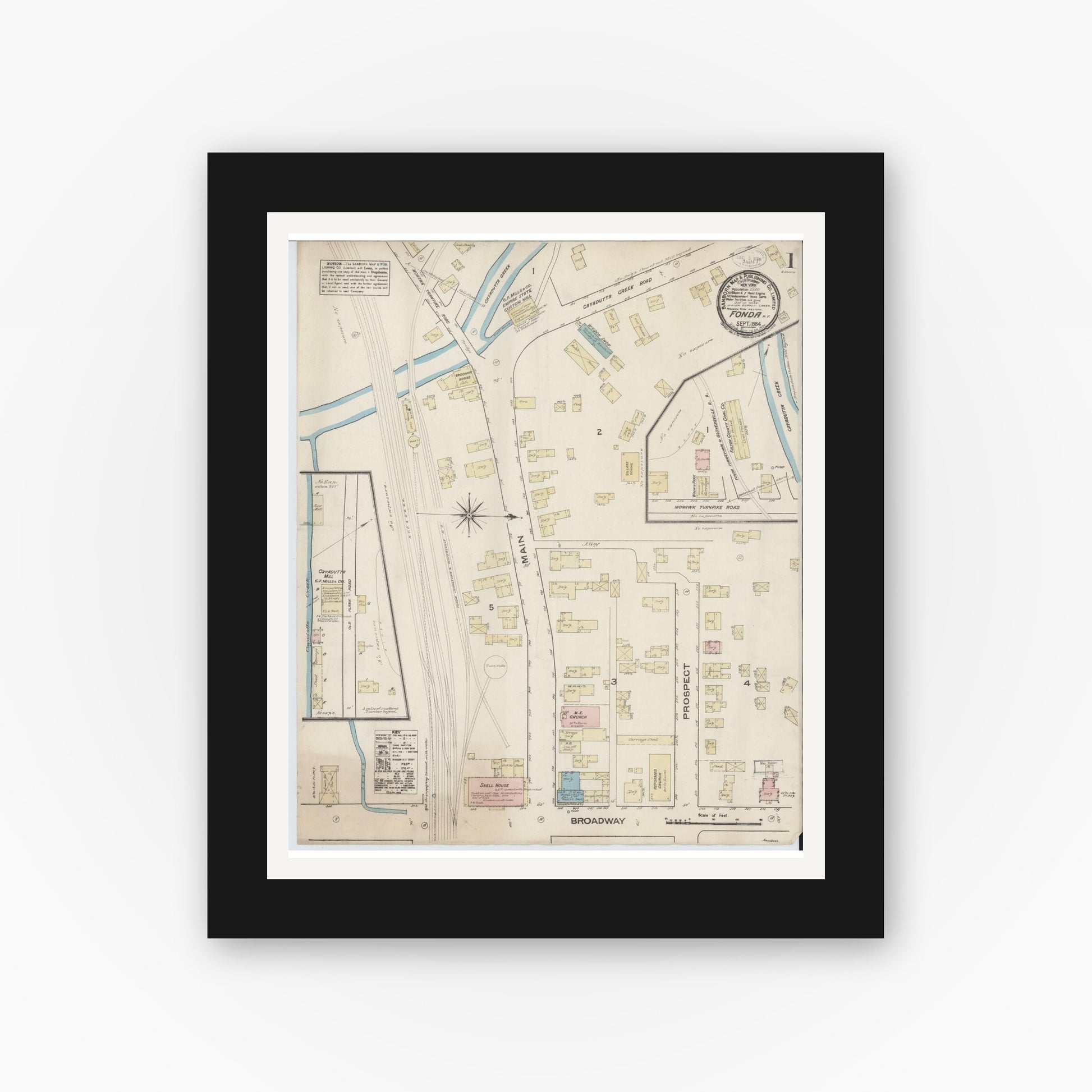 Old map wall art mockup — black gallery frame with white mat — Sanborn Fire Insurance Map from Fonda, Montgomery County, New York (1884) - Complete Map Set