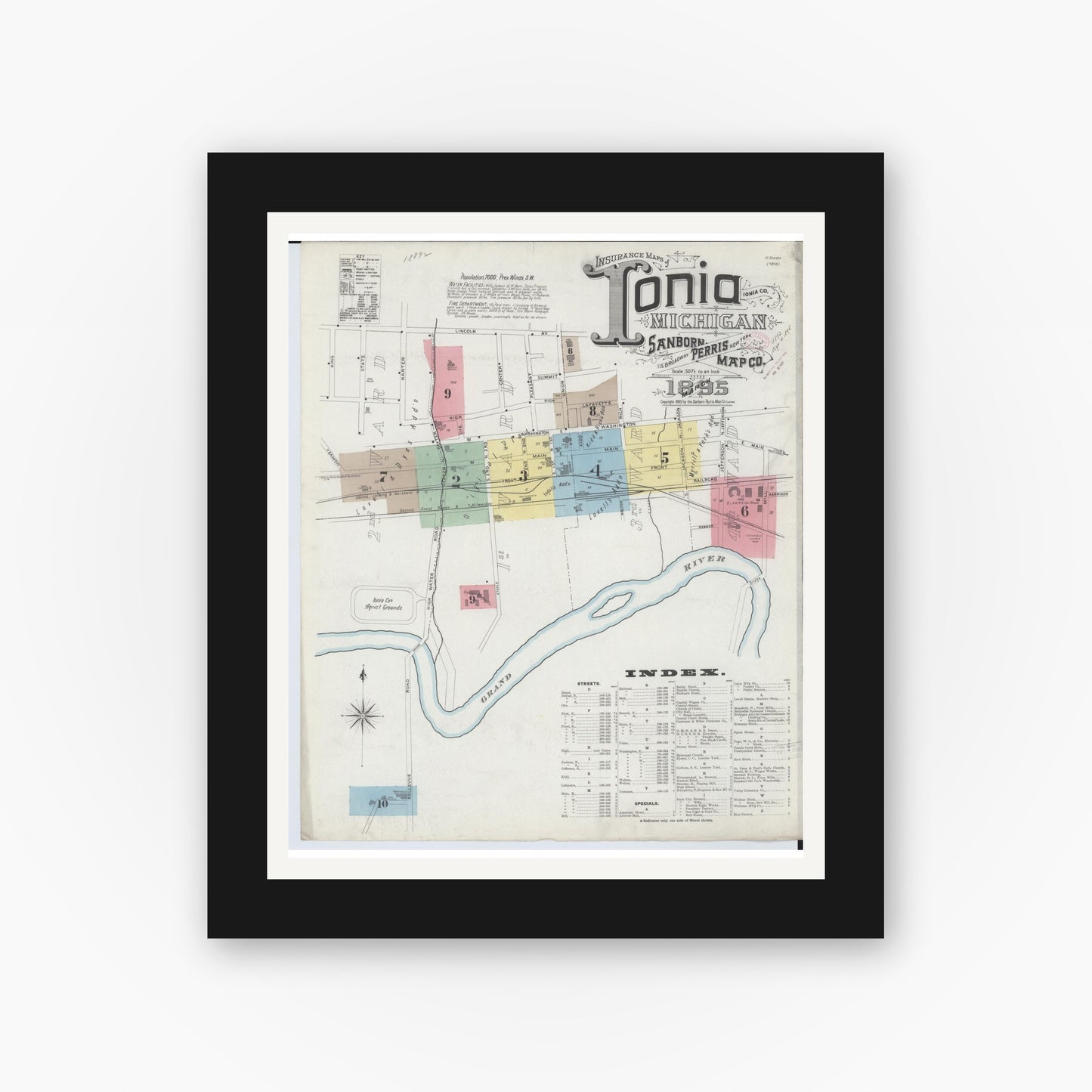 Old map wall art mockup — black gallery frame with white mat — Sanborn Fire Insurance Map from Ionia, Ionia County, Michigan (1895) - Complete Map Set