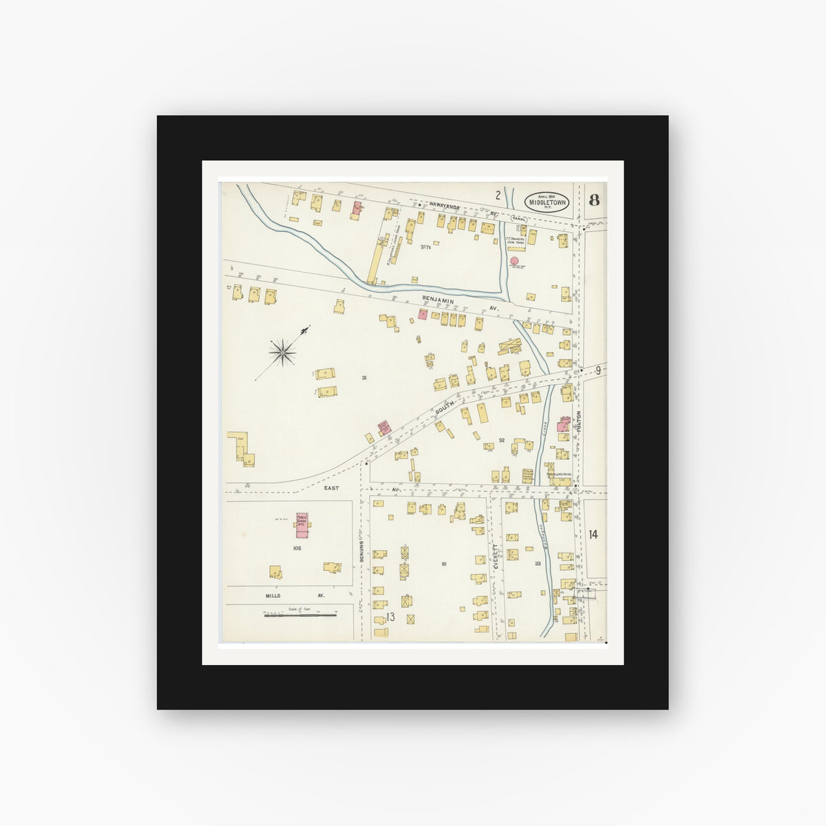 Old map wall art mockup — black gallery frame with white mat — Sanborn Fire Insurance Map from Middletown, Orange County, New York (1904), Sheet #0008