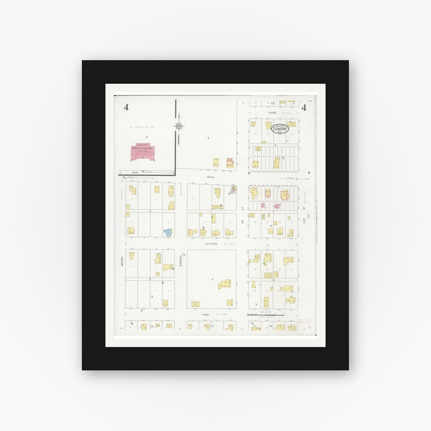 Old map wall art mockup — black gallery frame with white mat — Sanborn Fire Insurance Map from Edmore, Montcalm County, Michigan (1929), Sheet #0004