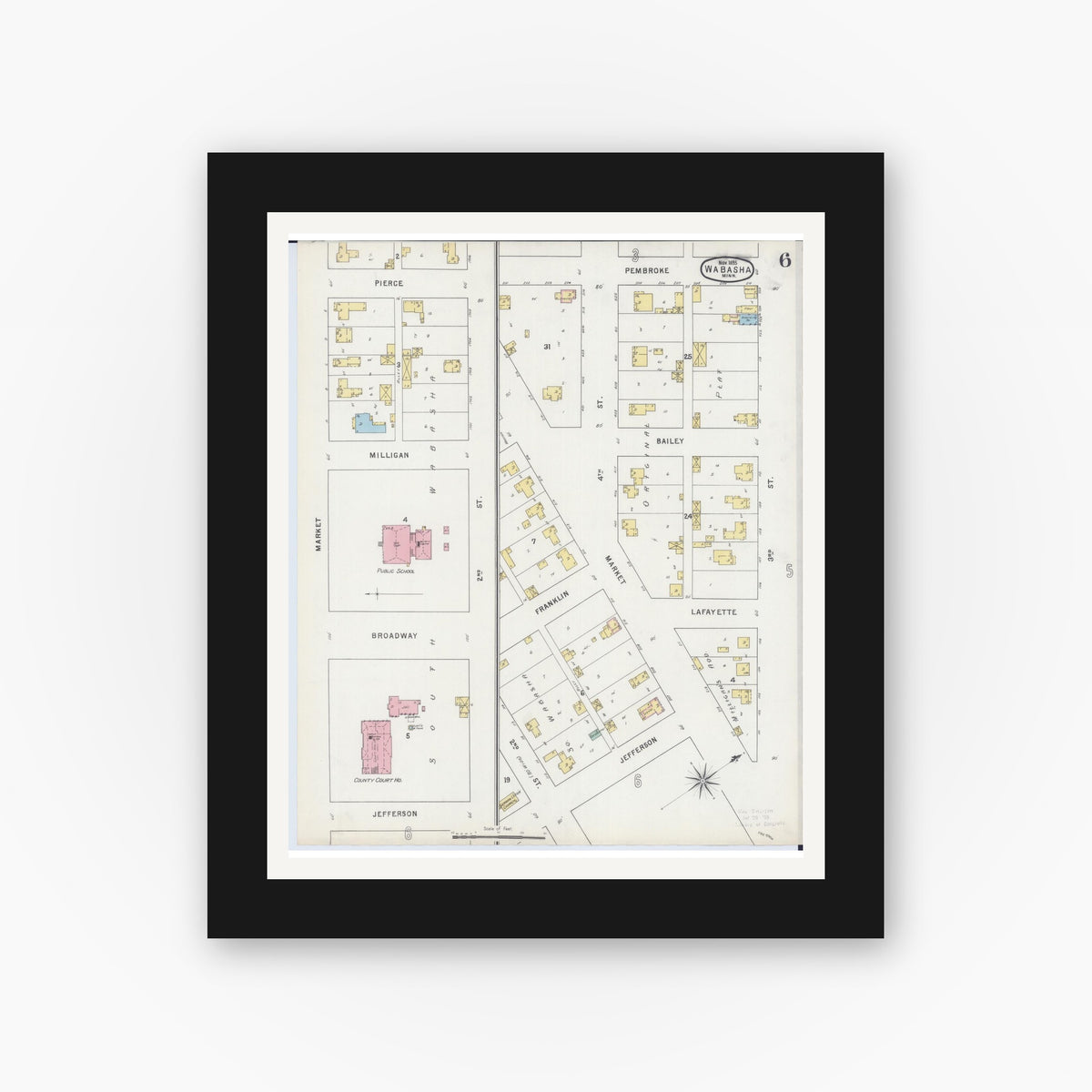 Old map wall art mockup — black gallery frame with white mat — Sanborn Fire Insurance Map from Wabasha, Wabasha County, Minnesota (1895), Sheet #0006