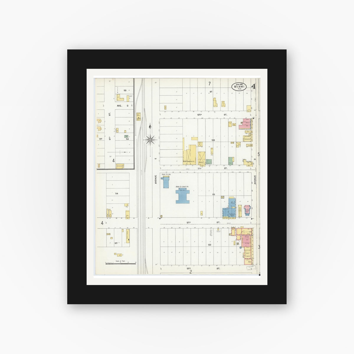 Old map wall art mockup — black gallery frame with white mat — Sanborn Fire Insurance Map from Miami, Dade County, Florida (1903), Sheet #0004