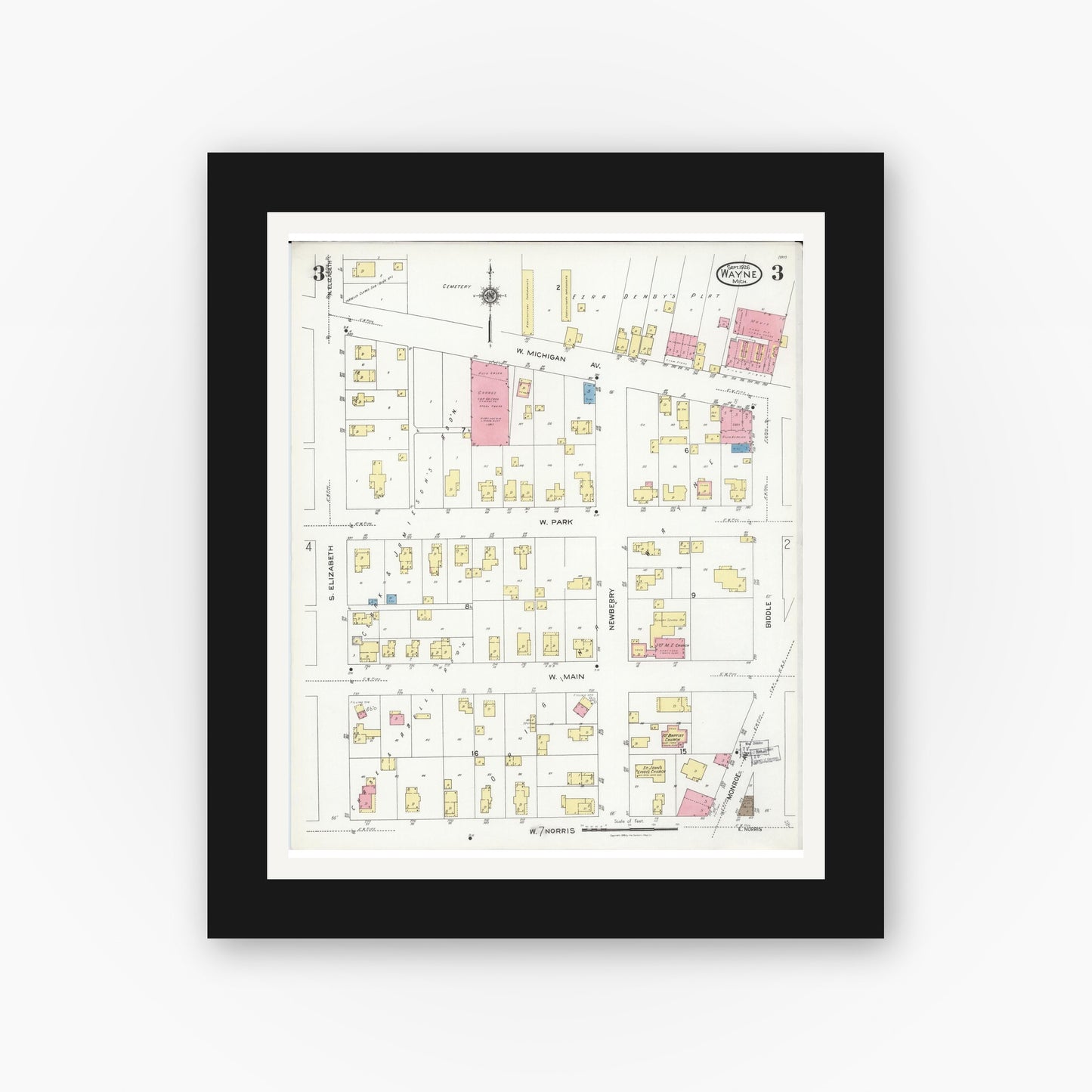 Old map wall art mockup — black gallery frame with white mat — Sanborn Fire Insurance Map from Wayne, Wayne County, Michigan (1926), Sheet #0003