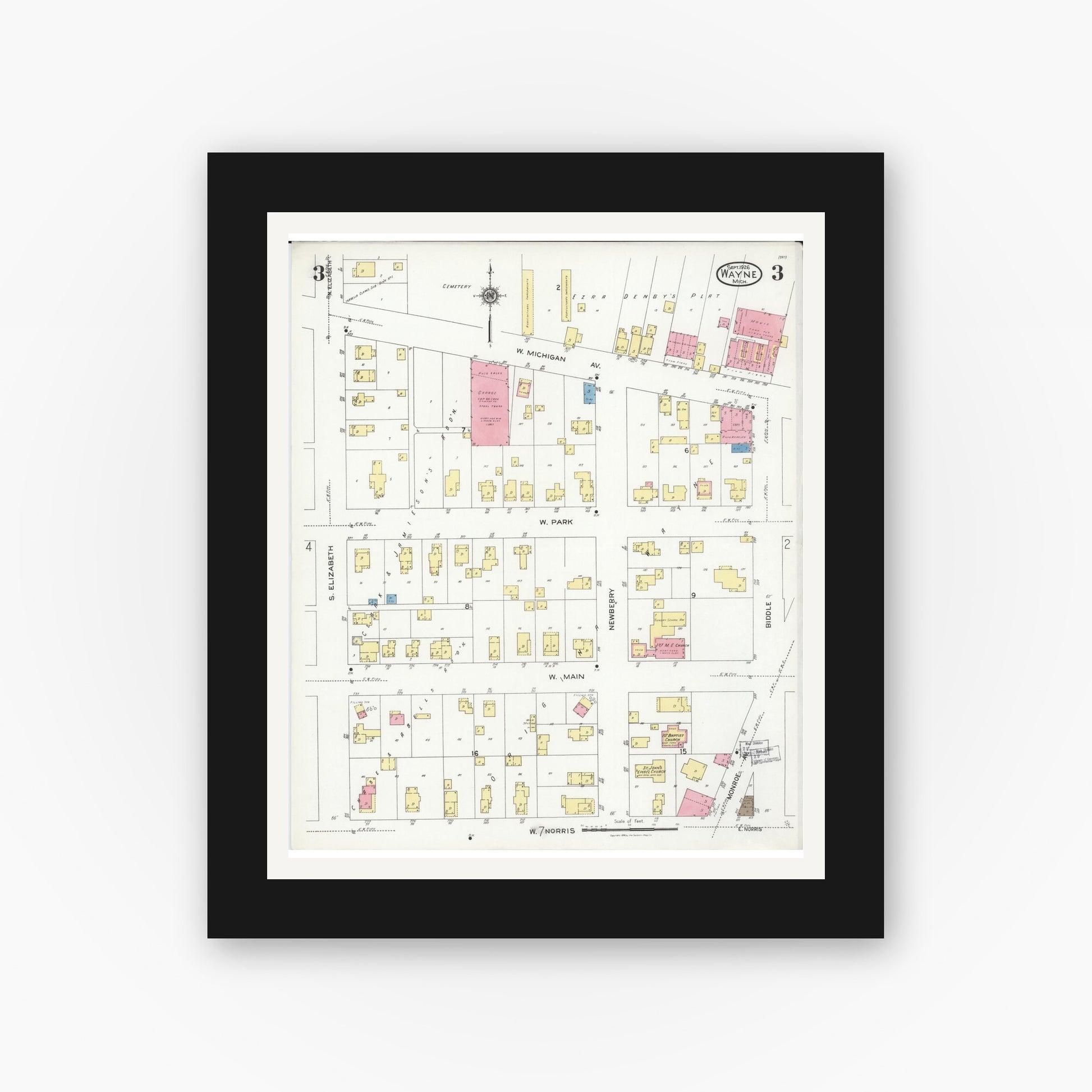 Old map wall art mockup — black gallery frame with white mat — Sanborn Fire Insurance Map from Wayne, Wayne County, Michigan (1926), Sheet #0003