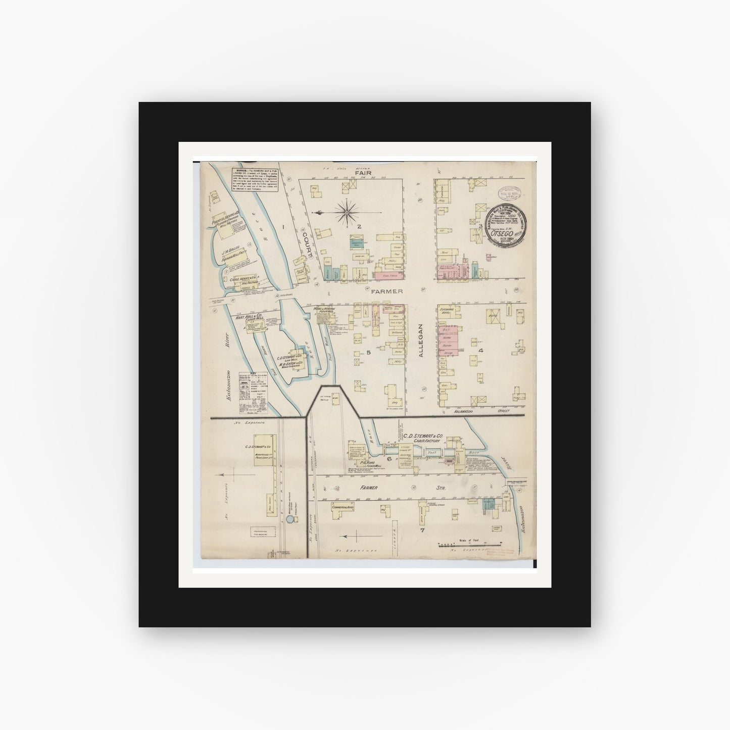 Old map wall art mockup — black gallery frame with white mat — Sanborn Fire Insurance Map from Otsego, Allegan County, Michigan (1884), Sheet #0001
