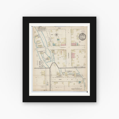 Old map wall art mockup — black gallery frame with white mat — Sanborn Fire Insurance Map from Otsego, Allegan County, Michigan (1884), Sheet #0001