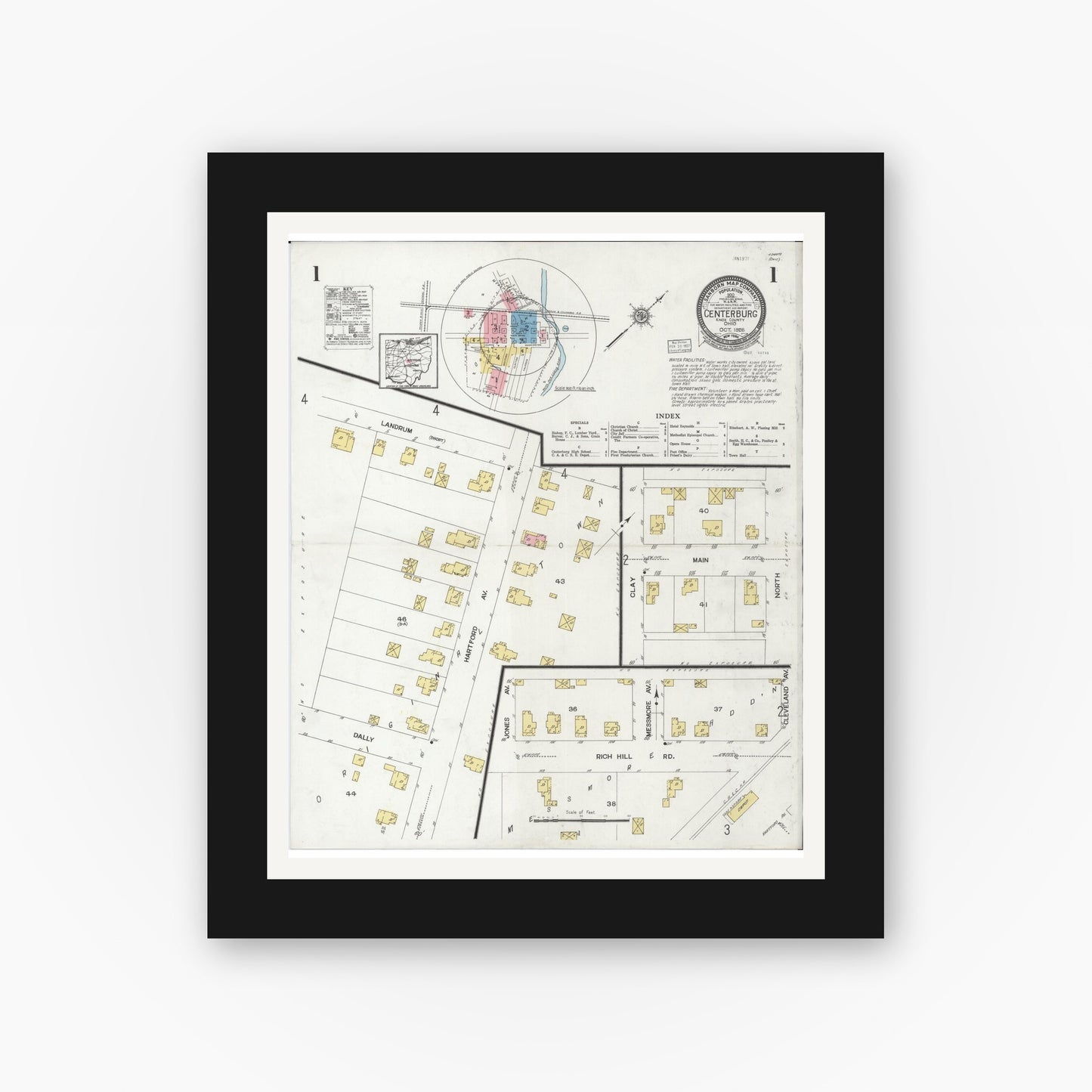 Old map wall art mockup — black gallery frame with white mat — Sanborn Fire Insurance Map from Centerburg, Knox County, Ohio (1926) - Complete Map Set