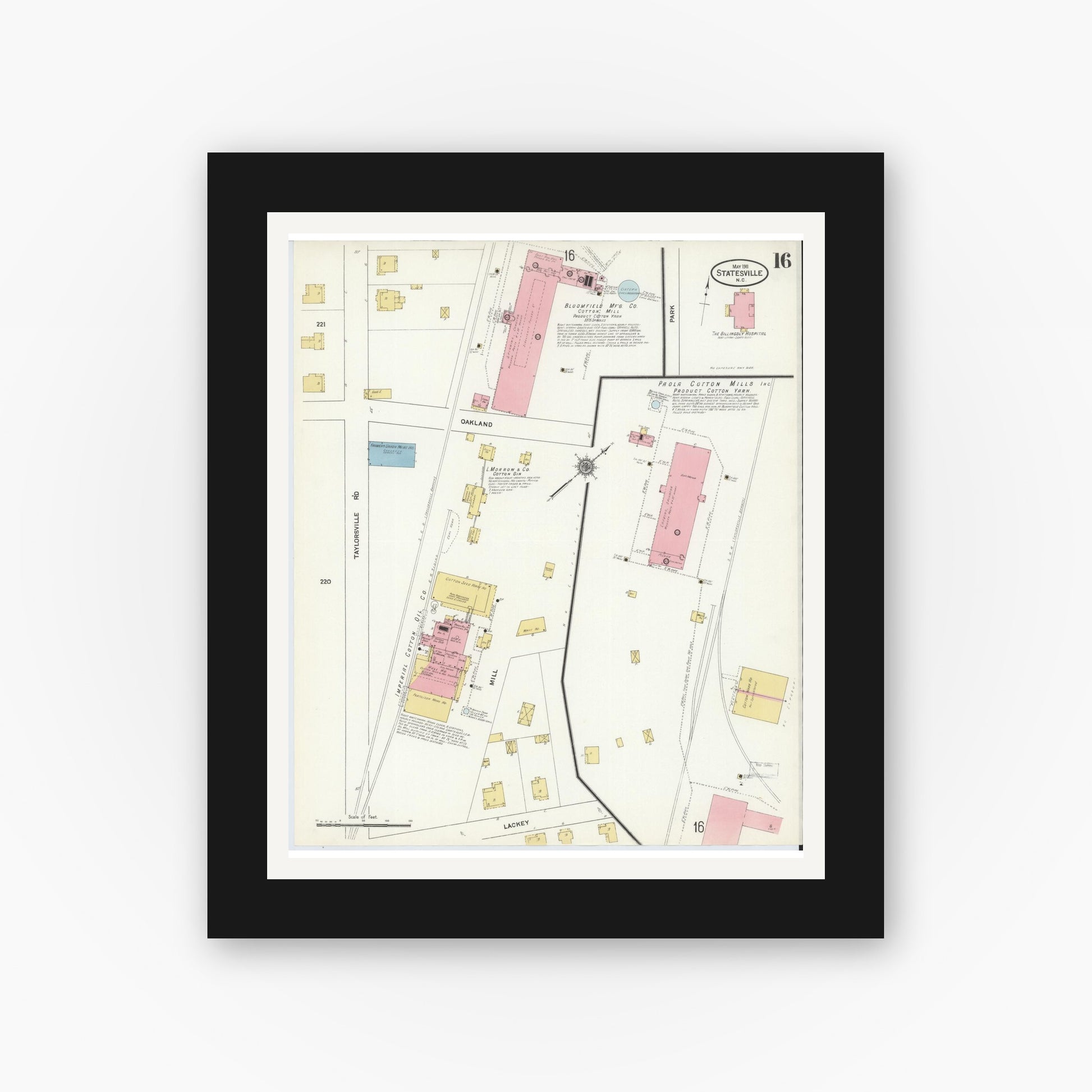 Old map wall art mockup — black gallery frame with white mat — Sanborn Fire Insurance Map from Statesville, Iredell County, North Carolina (1911), Sheet #0016