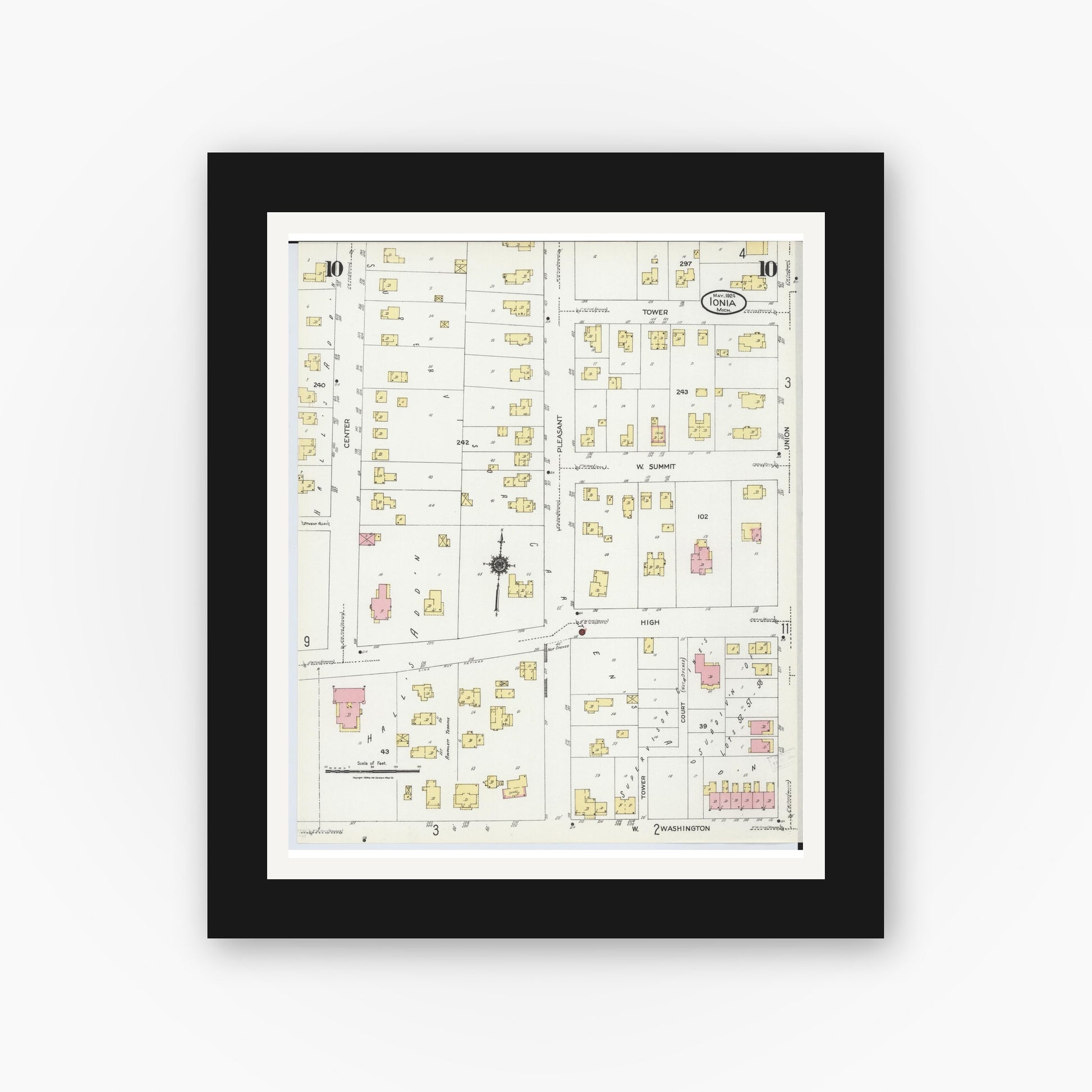 Old map wall art mockup — black gallery frame with white mat — Sanborn Fire Insurance Map from Ionia, Ionia County, Michigan (1924), Sheet #0010