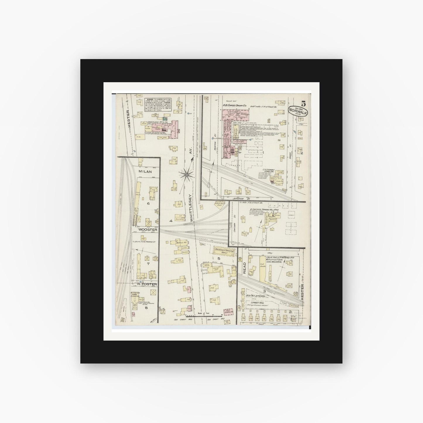 Old map wall art mockup — black gallery frame with white mat — Sanborn Fire Insurance Map from Norwalk, Huron County, Ohio (1884), Sheet #0005