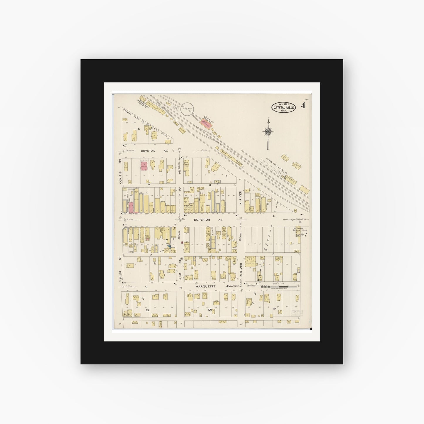Old map wall art mockup — black gallery frame with white mat — Sanborn Fire Insurance Map from Crystal Falls, Iron County, Michigan (1922), Sheet #0004