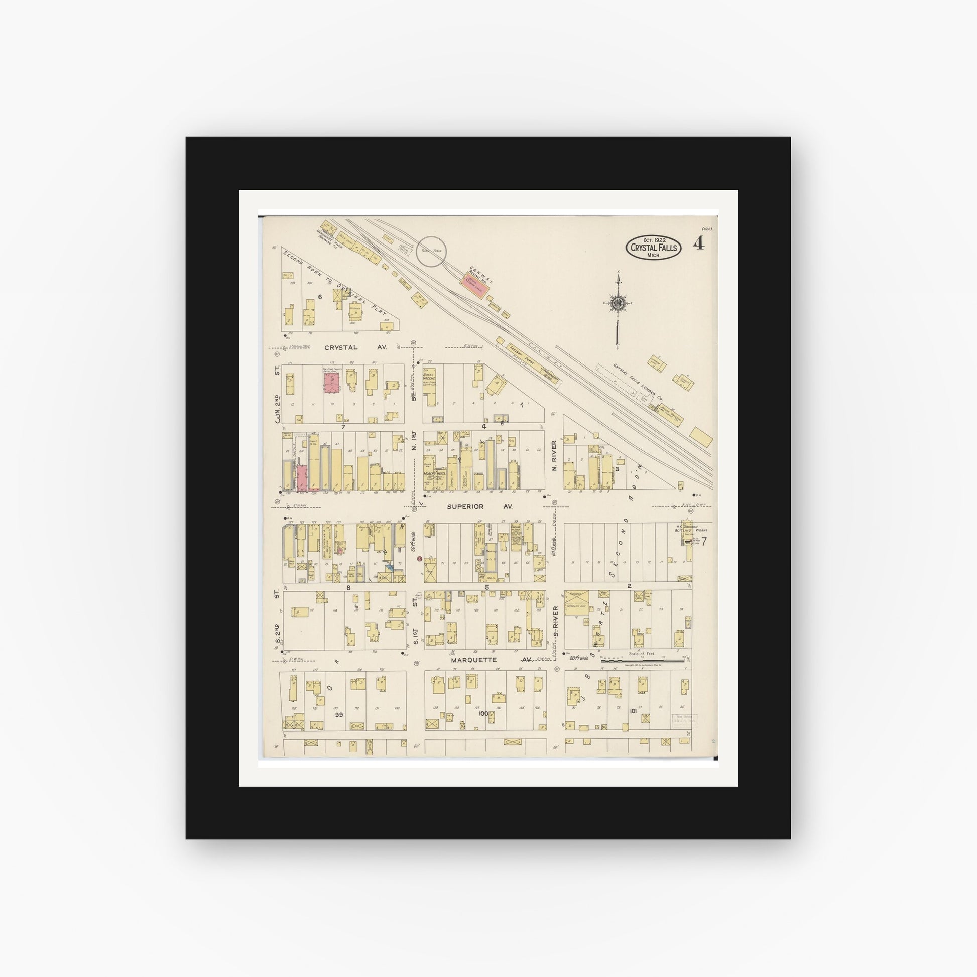 Old map wall art mockup — black gallery frame with white mat — Sanborn Fire Insurance Map from Crystal Falls, Iron County, Michigan (1922), Sheet #0004