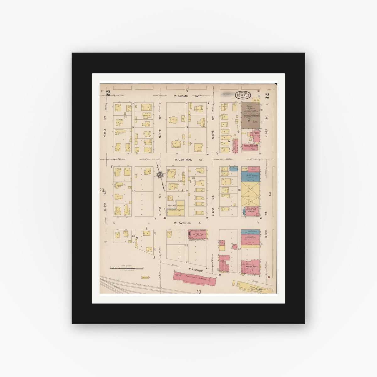 Old map wall art mockup — black gallery frame with white mat — Sanborn Fire Insurance Map from Temple, Bell County, Texas (1922), Sheet #0002