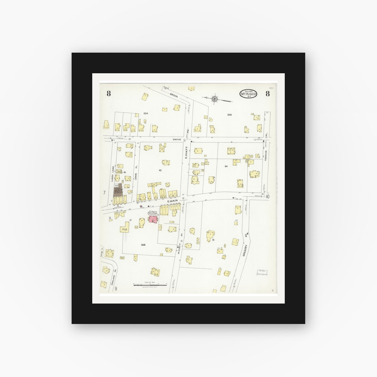 Old map wall art mockup — black gallery frame with white mat — Sanborn Fire Insurance Map from Mount Kisco, Westchester County, New York (1925), Sheet #0008
