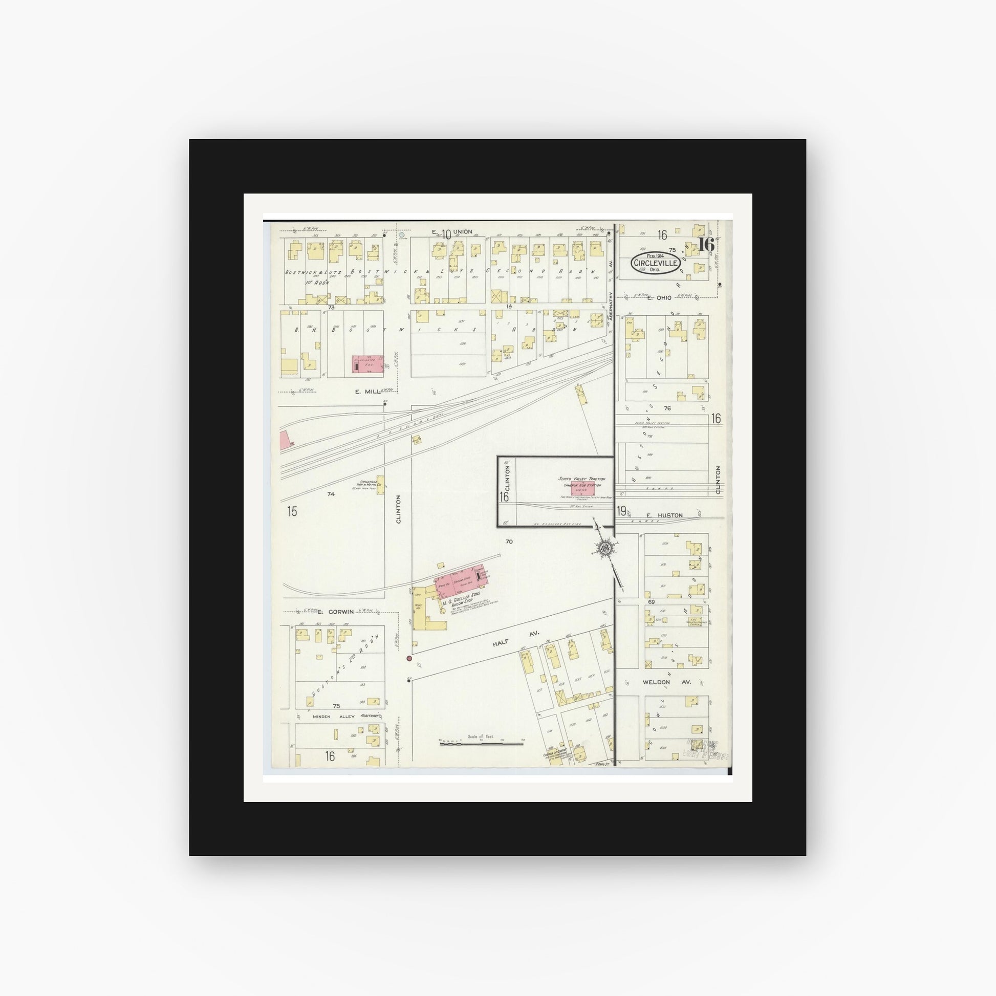Old map wall art mockup — black gallery frame with white mat — Sanborn Fire Insurance Map from Circleville, Pickaway County, Ohio (1914), Sheet #0016