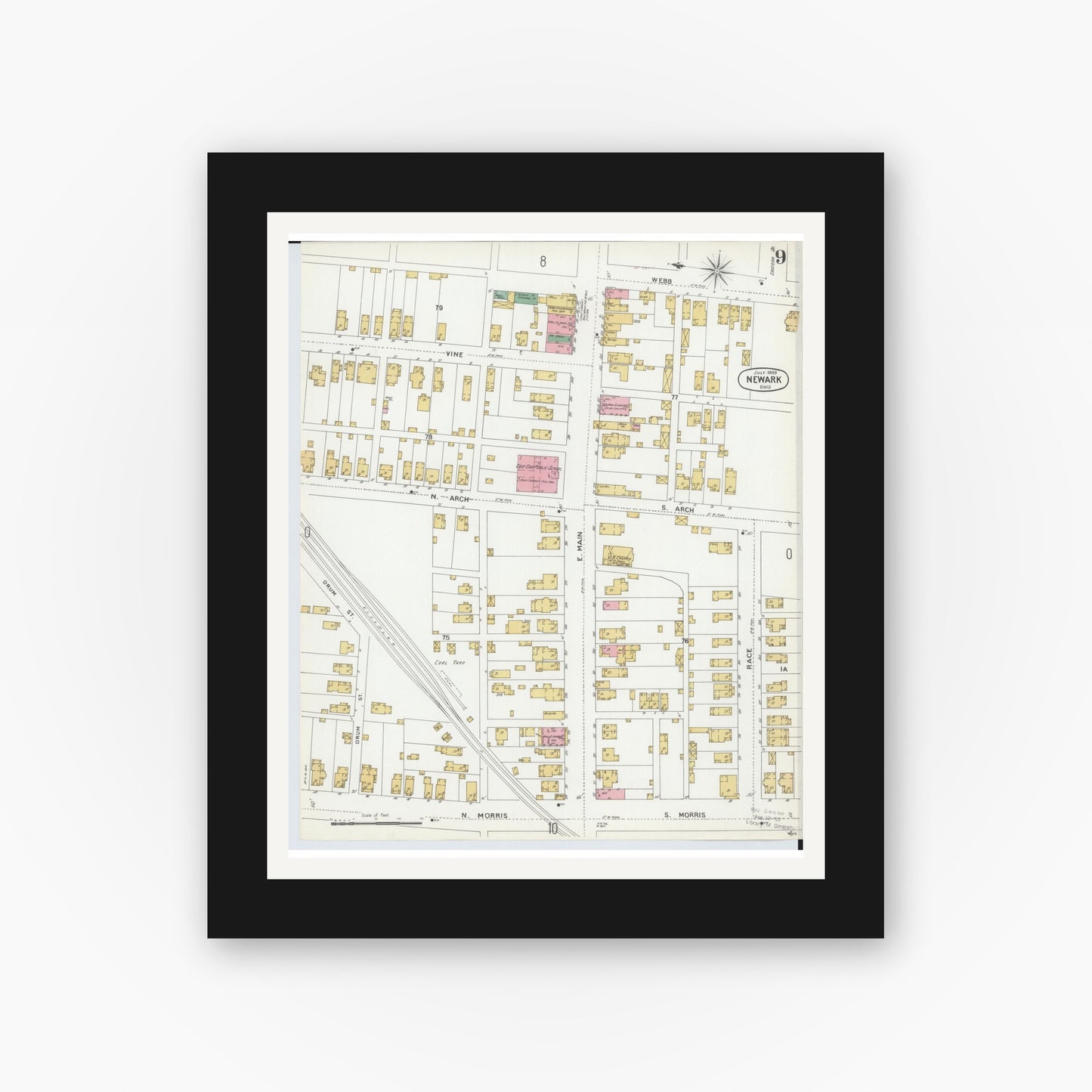 Old map wall art mockup — black gallery frame with white mat — Sanborn Fire Insurance Map from Newark, Licking County, Ohio (1899), Sheet #0009