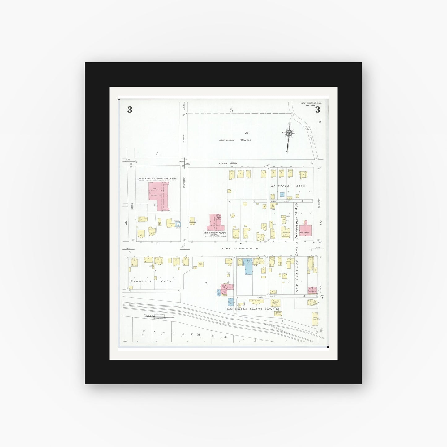 Old map wall art mockup — black gallery frame with white mat — Sanborn Fire Insurance Map from New Concord, Muskingum County, Ohio (1946), Sheet #0003