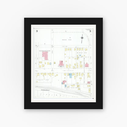 Old map wall art mockup — black gallery frame with white mat — Sanborn Fire Insurance Map from New Concord, Muskingum County, Ohio (1946), Sheet #0003