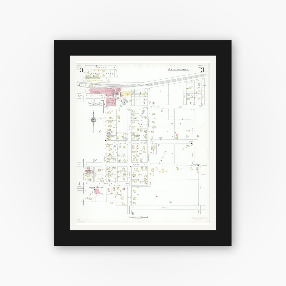 Old map wall art mockup — black gallery frame with white mat — Sanborn Fire Insurance Map from Eureka, Woodford County, Illinois (1941), Sheet #0003