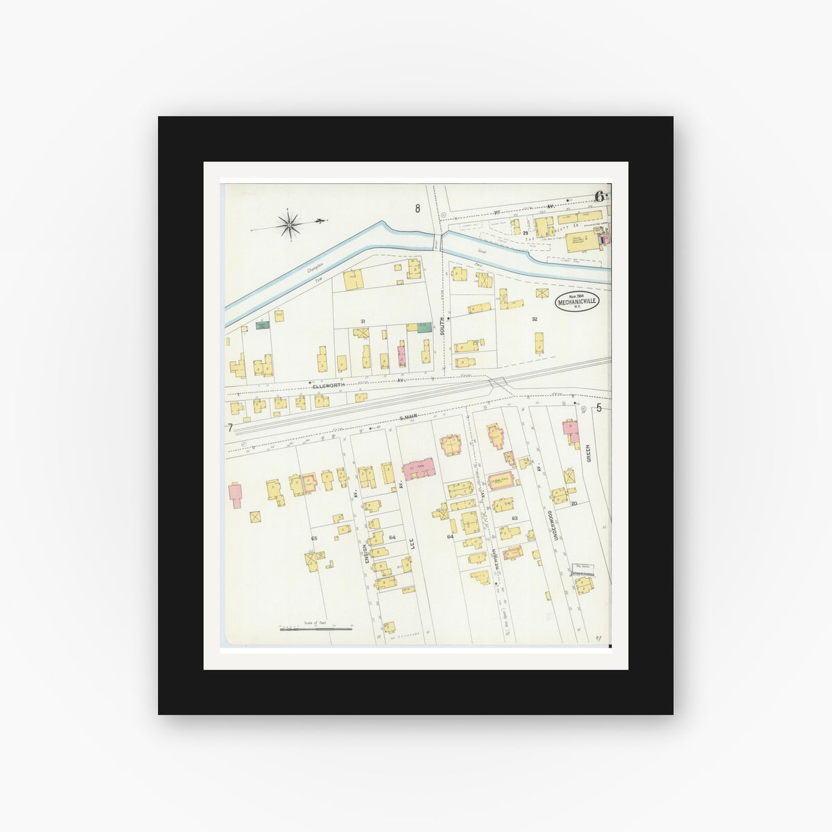 Old map wall art mockup — black gallery frame with white mat — Sanborn Fire Insurance Map from Mechanicville, Saratoga County, New York (1904), Sheet #0005
