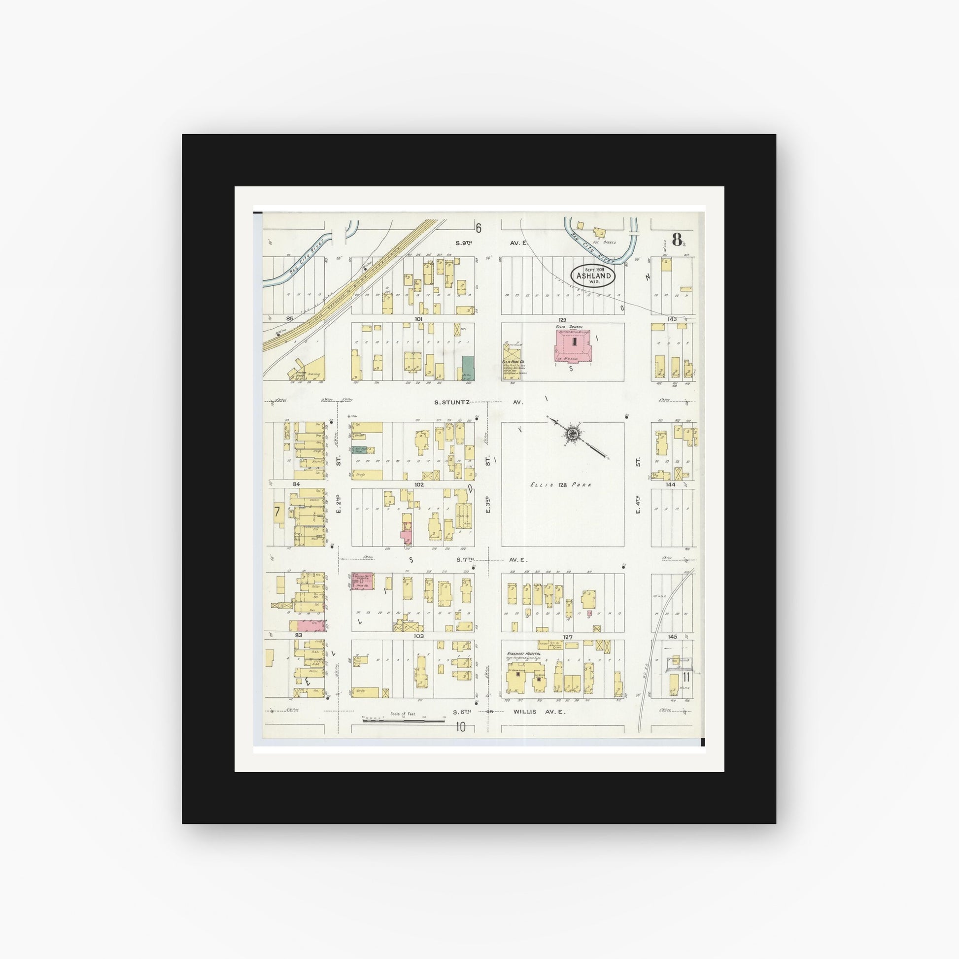 Old map wall art mockup — black gallery frame with white mat — Sanborn Fire Insurance Map from Ashland, Ashland County, Wisconsin (1909), Sheet #0008