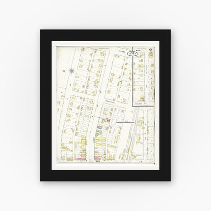 Old map wall art mockup — black gallery frame with white mat — Sanborn Fire Insurance Map from Traer, Tama County, Iowa (1895), Sheet #0002