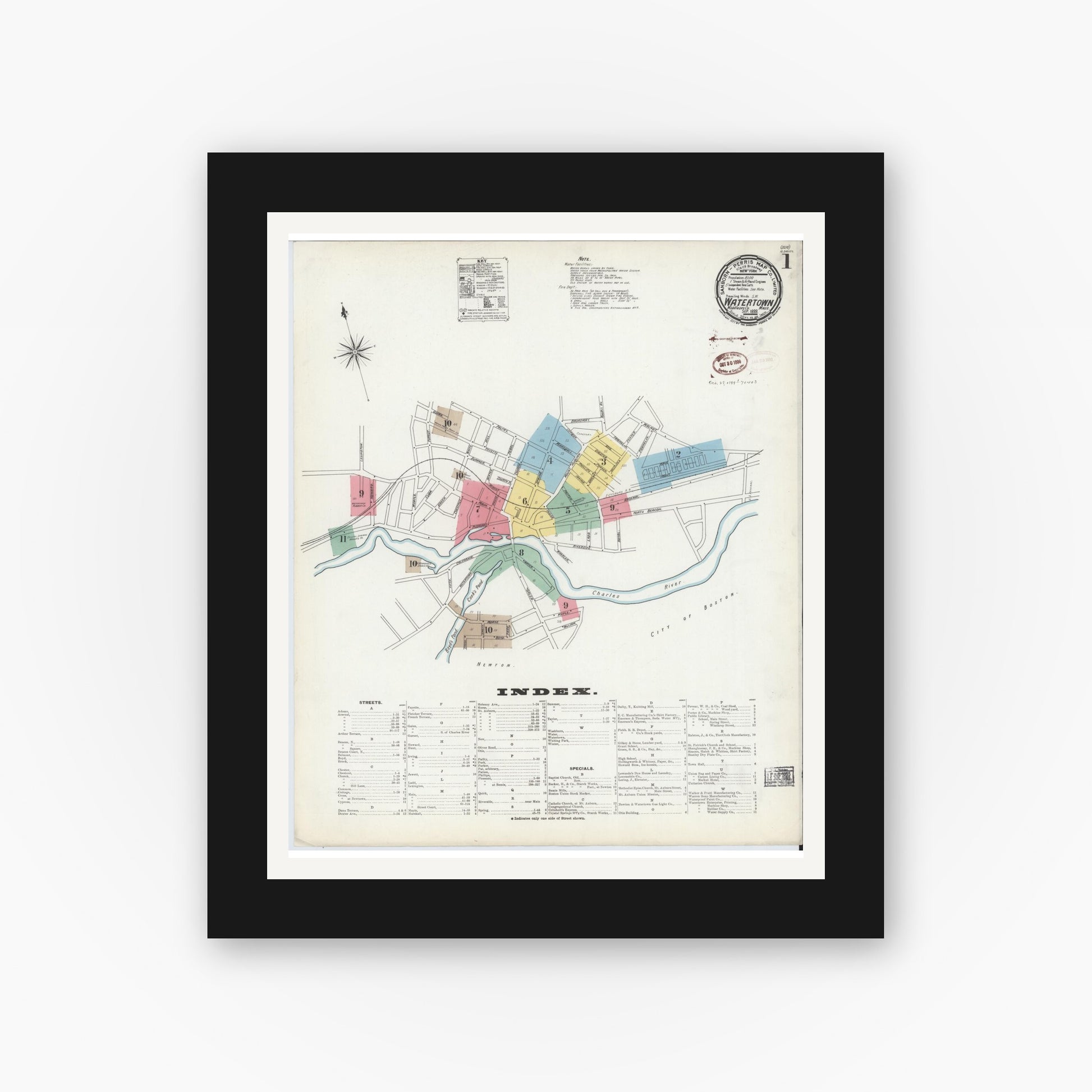 Old map wall art mockup — black gallery frame with white mat — Sanborn Fire Insurance Map from Watertown, Middlesex County, Massachusetts (1899), Sheet #0001
