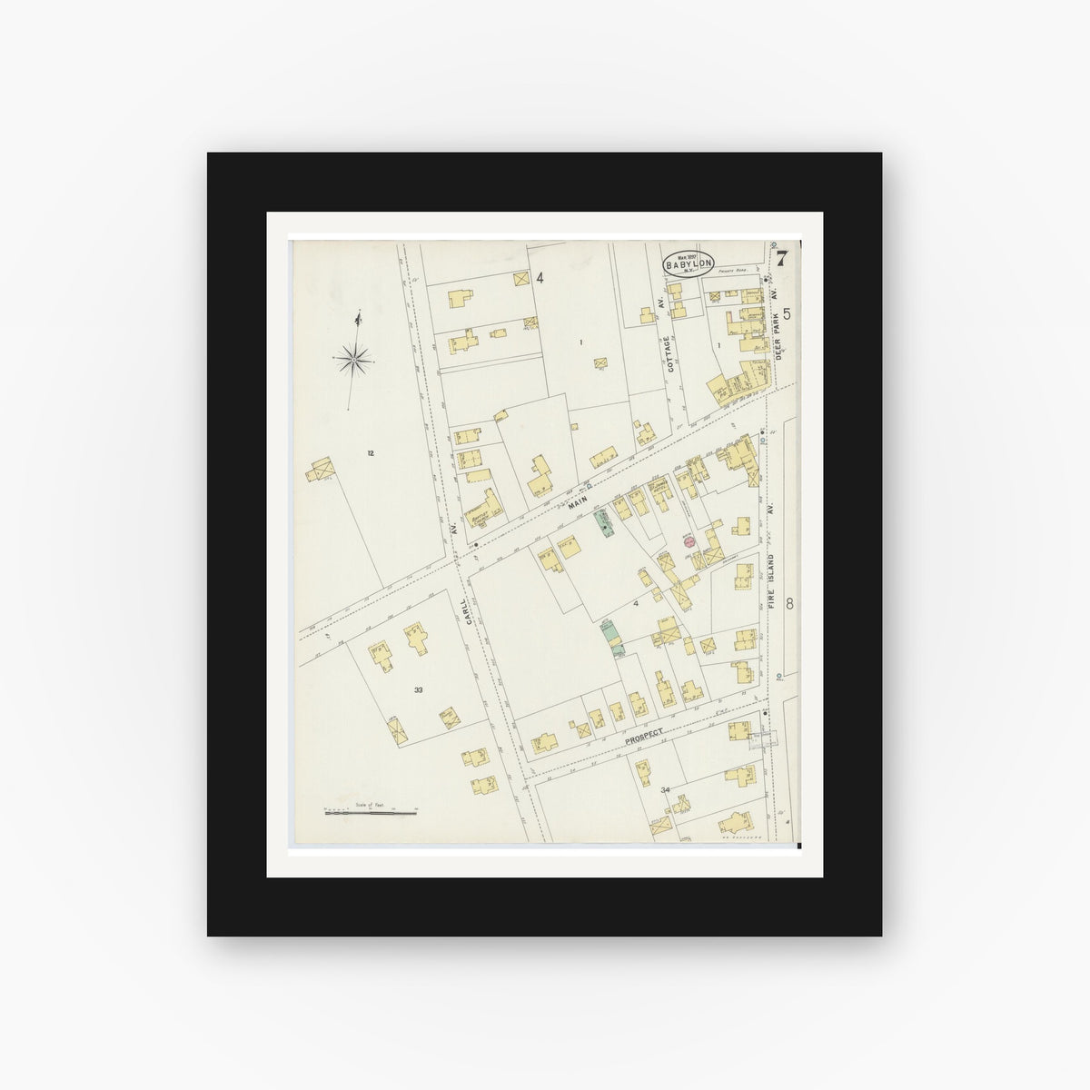 Old map wall art mockup — black gallery frame with white mat — Sanborn Fire Insurance Map from Babylon, Suffolk County, New York (1897), Sheet #0007