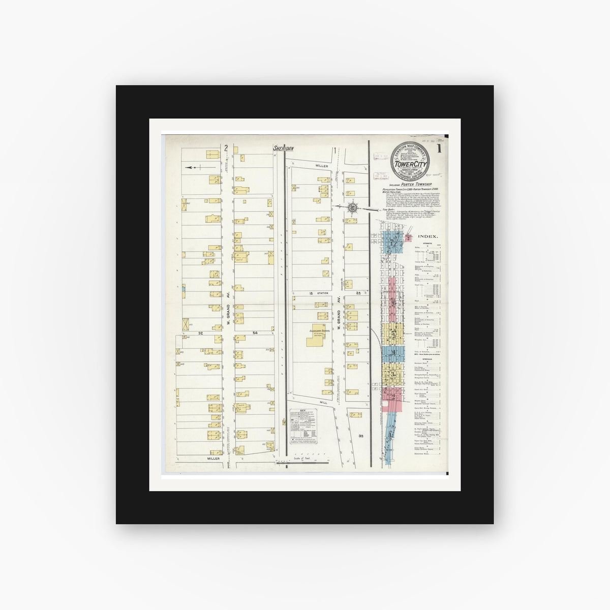 Old map wall art mockup — black gallery frame with white mat — Sanborn Fire Insurance Map from Tower City, Schuylkill County, Pennsylvania (1911) - Complete Map Set