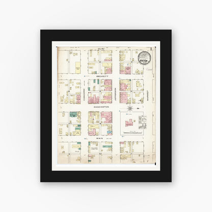 Old map wall art mockup — black gallery frame with white mat — Sanborn Fire Insurance Map from Vinton, Benton County, Iowa (1885), Sheet #0001