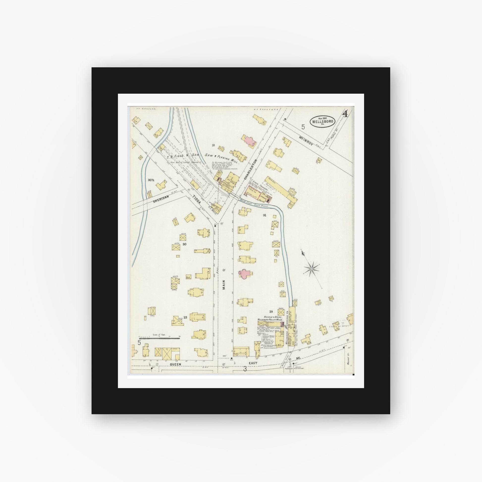 Old map wall art mockup — black gallery frame with white mat — Sanborn Fire Insurance Map from Wellsboro, Tioga County, Pennsylvania (1897), Sheet #0004