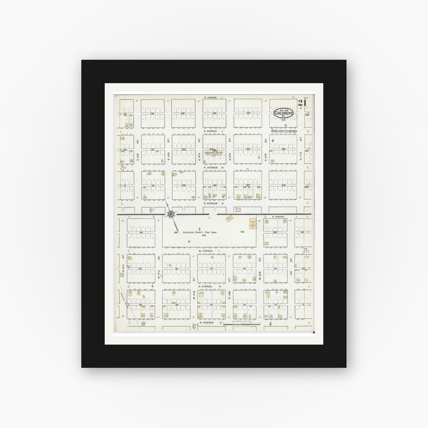 Old map wall art mockup — black gallery frame with white mat — Sanborn Fire Insurance Map from Childress, Childress County, Texas (1921), Sheet #0021
