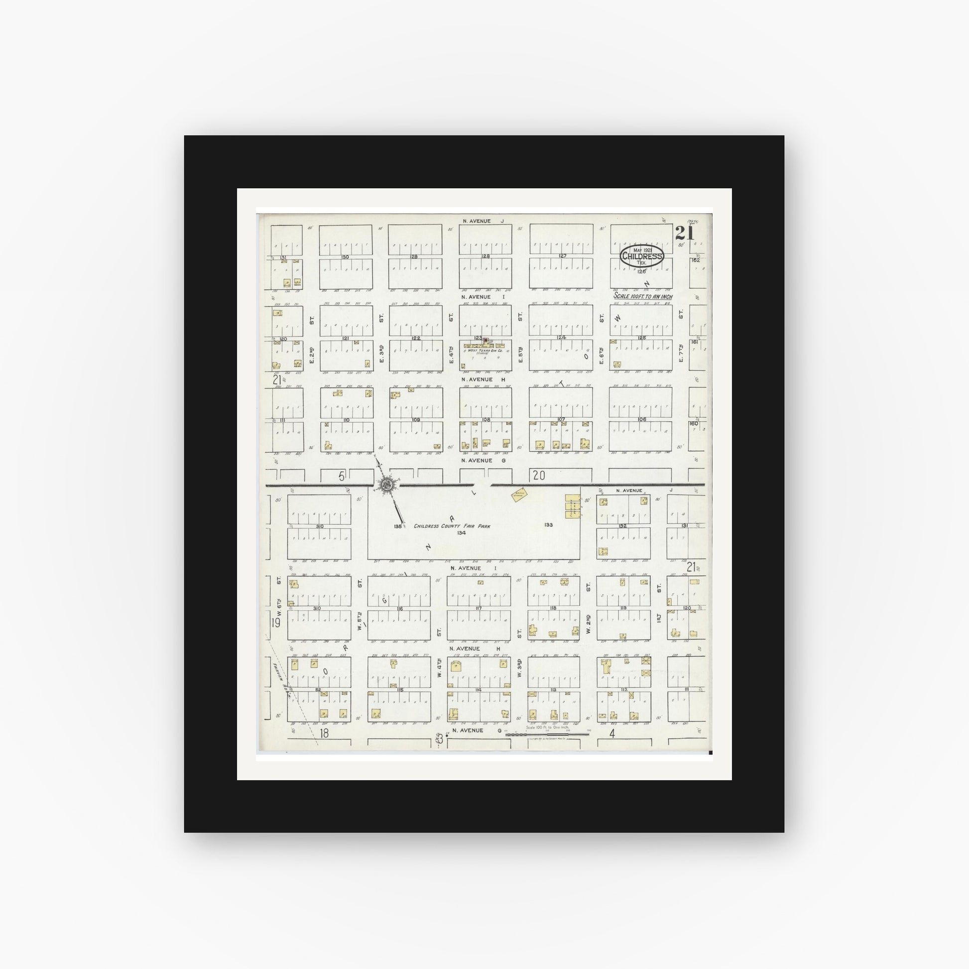 Old map wall art mockup — black gallery frame with white mat — Sanborn Fire Insurance Map from Childress, Childress County, Texas (1921), Sheet #0021