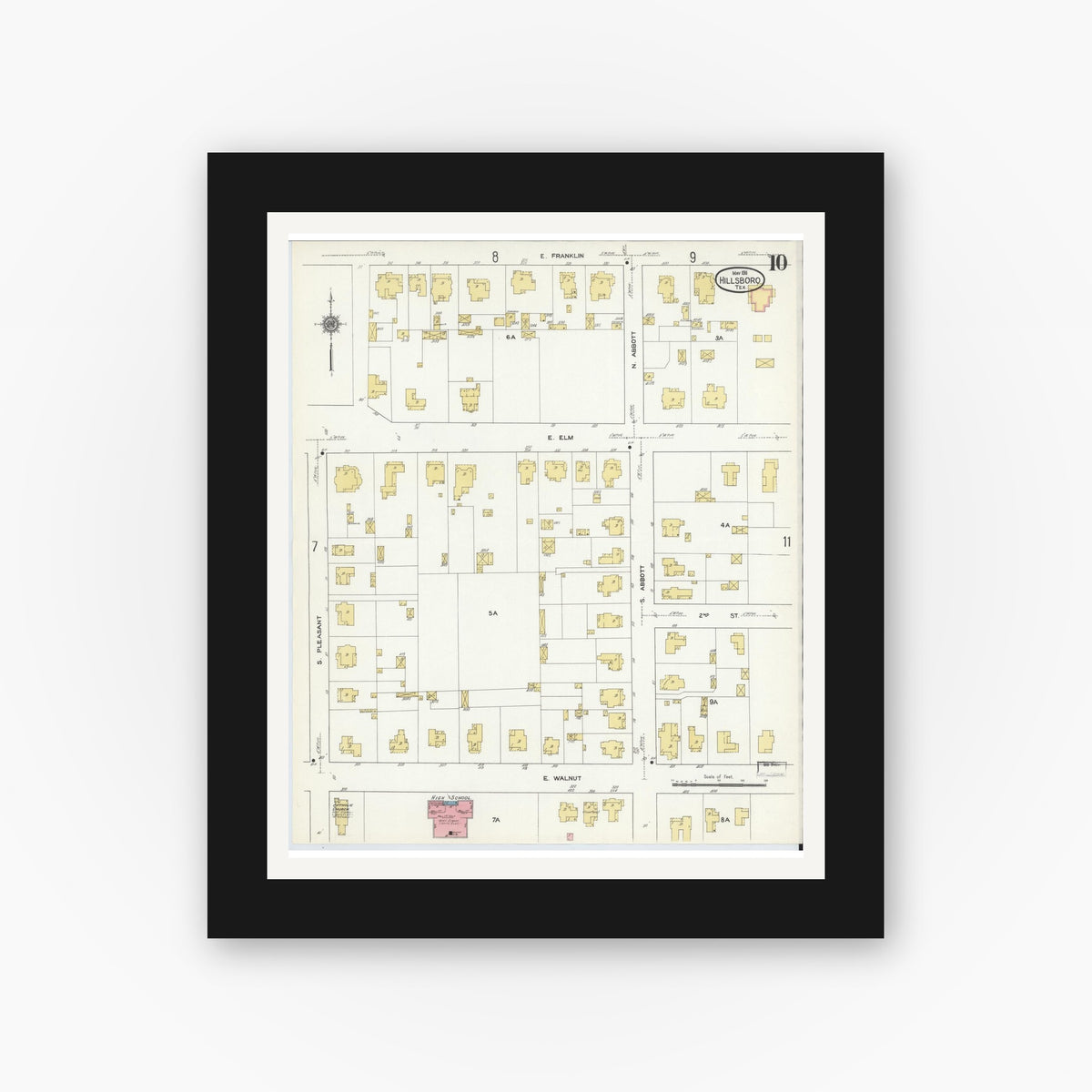 Old map wall art mockup — black gallery frame with white mat — Sanborn Fire Insurance Map from Hillsboro, Hill County, Texas (1911), Sheet #0010