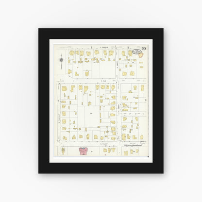 Old map wall art mockup — black gallery frame with white mat — Sanborn Fire Insurance Map from Hillsboro, Hill County, Texas (1911), Sheet #0010