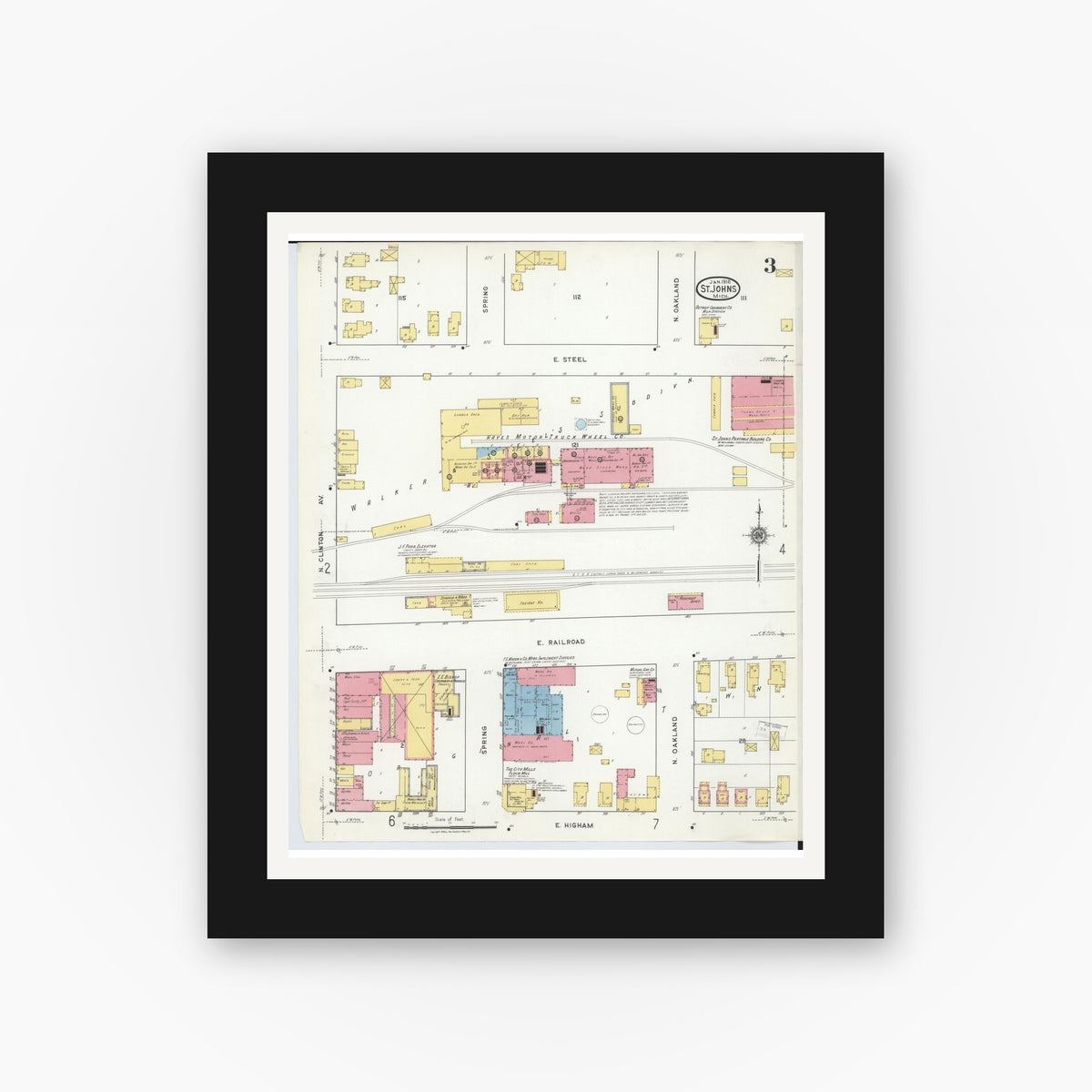 Old map wall art mockup — black gallery frame with white mat — Sanborn Fire Insurance Map from Saint Johns, Clinton County, Michigan (1918), Sheet #0003
