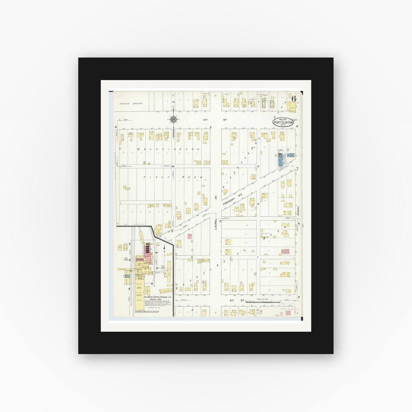 Old map wall art mockup — black gallery frame with white mat — Sanborn Fire Insurance Map from Port Clinton, Ottawa County, Ohio (1910), Sheet #0006