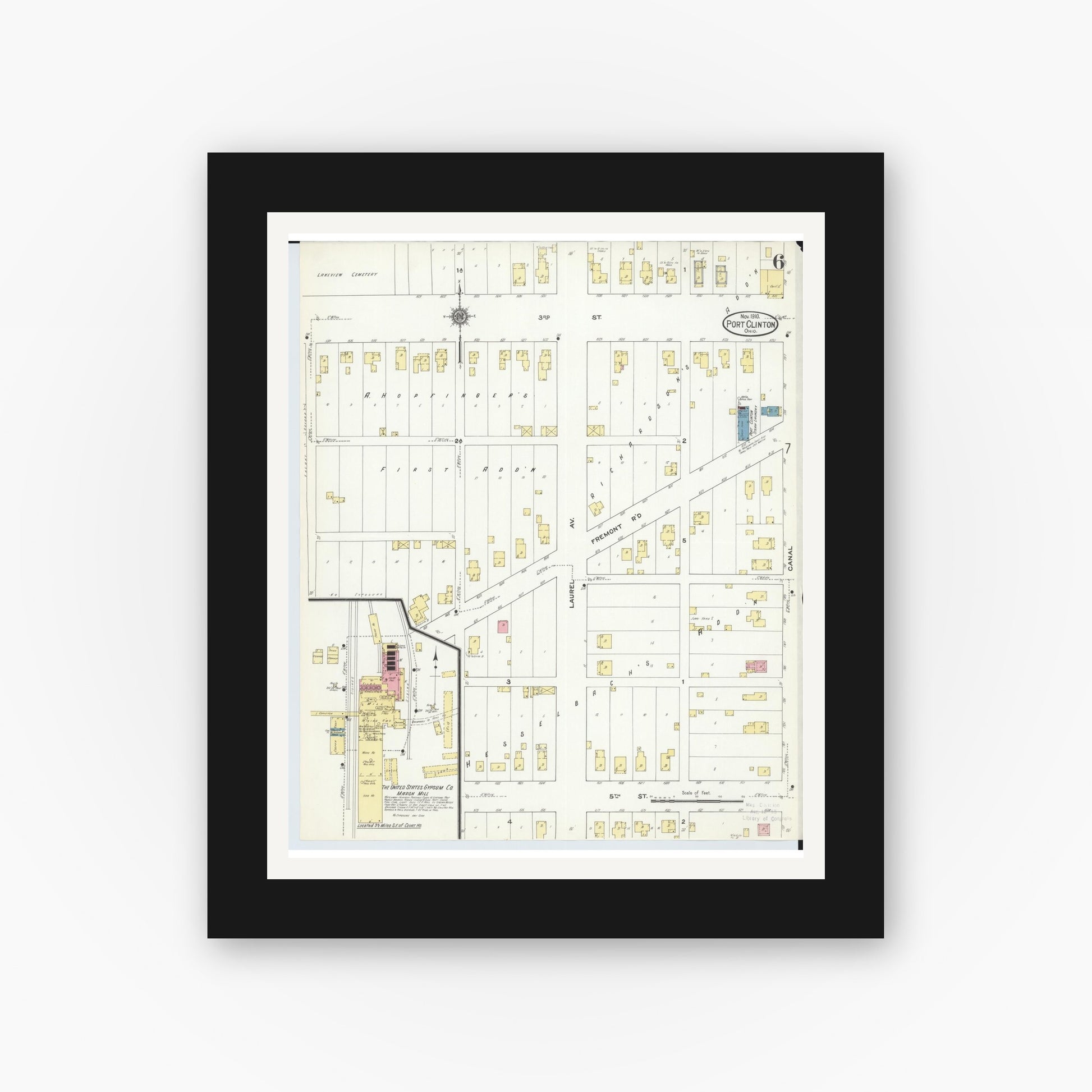 Old map wall art mockup — black gallery frame with white mat — Sanborn Fire Insurance Map from Port Clinton, Ottawa County, Ohio (1910), Sheet #0006