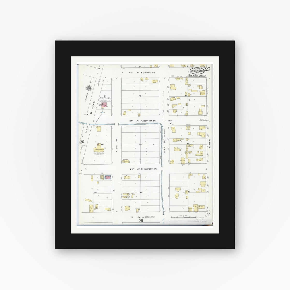Old map wall art mockup — black gallery frame with white mat — Sanborn Fire Insurance Map from Stillwater, Washington County, Minnesota (1910), Sheet #0027
